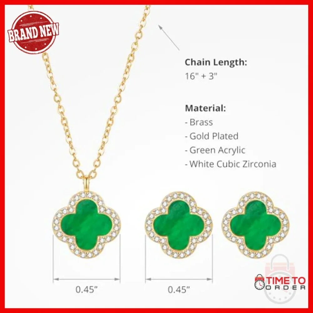 18K Gold Plated Clover Jewelry Set Necklace Earrings Adjustable Lobster Clasp